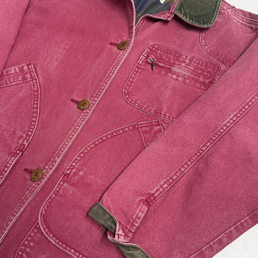 LL Bean Barn Coat Womens M Pink Good Canvas Flannel Lined Corduroy Trim Utility - Picture 2 of 5